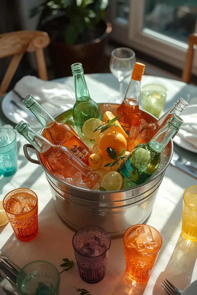 24 Summer Tablescape Ideas That Are Fresh, Colorful & Totally Stunning 21 summer table centerpiece featuring a metal tub filled with ice,