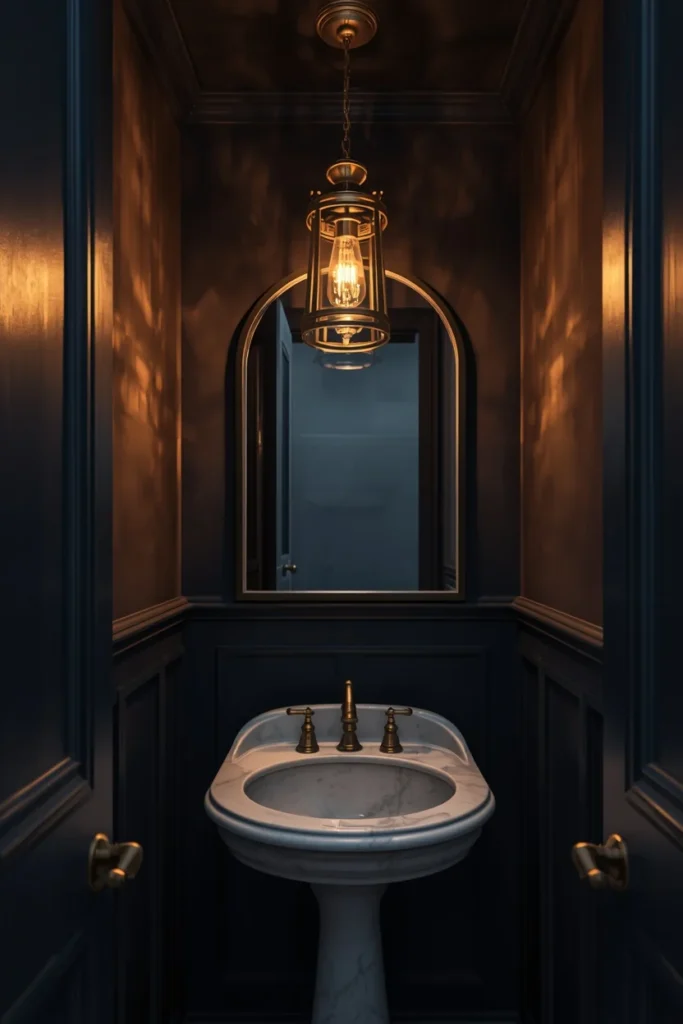24 Tiny Powder Room Ideas That Make the Biggest Impression 21 tiny powder room, featuring a small brass lantern-style chandelier