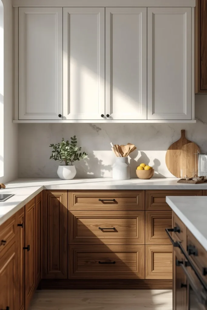 23 Two-Tone Kitchen Cabinet Combos That Look Insanely Expensive 21 kitchen, featuring painted warm white shaker upper cabinets and natural walnut wood lower cabinets,