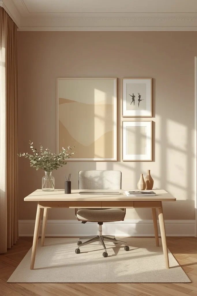 21 Home Office Aesthetic Ideas That Make Working From Home Actually Enjoyable 21 neutral home office, featuring a tone-on-tone gallery wall