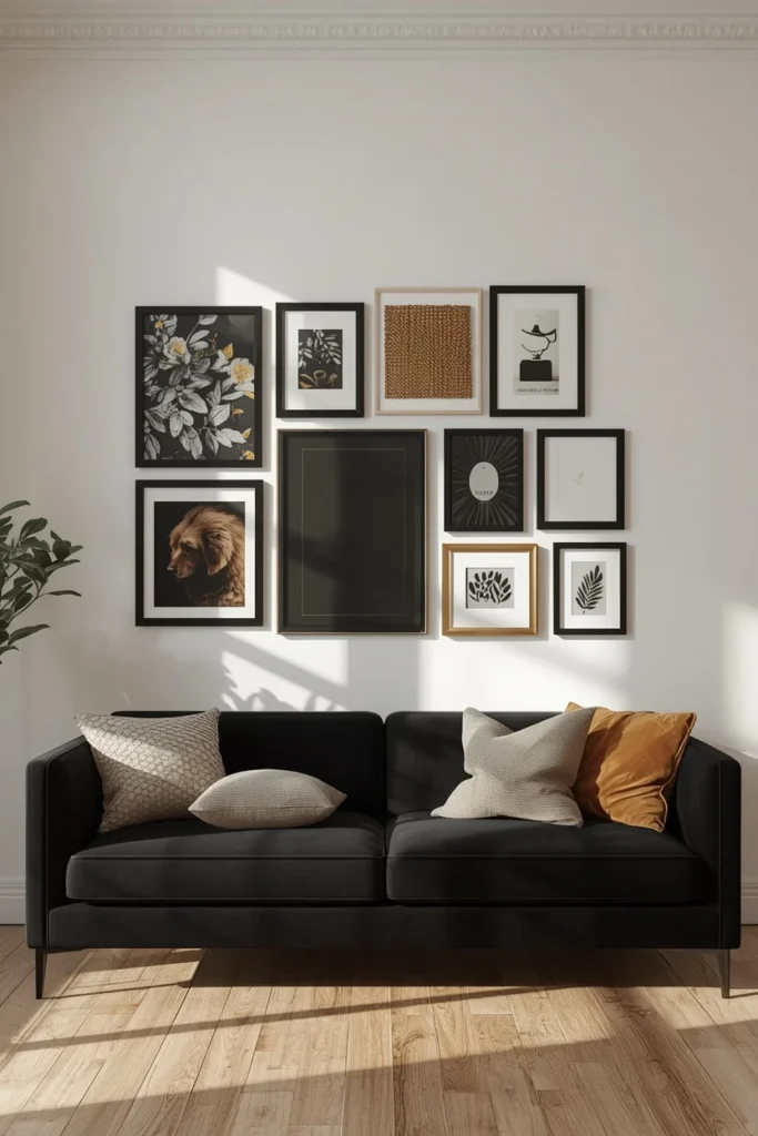 23 Black Sofa Living Room Ideas That Look Sleek, Bold & Super Expensive 22 living room, featuring a black sofa beneath a curated gallery wall