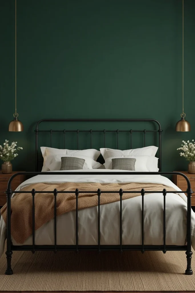 25 Boho Farmhouse Bedroom Ideas That Are Effortlessly Cozy & Beautiful 22 bedroom shot, featuring a deep forest green accent wall