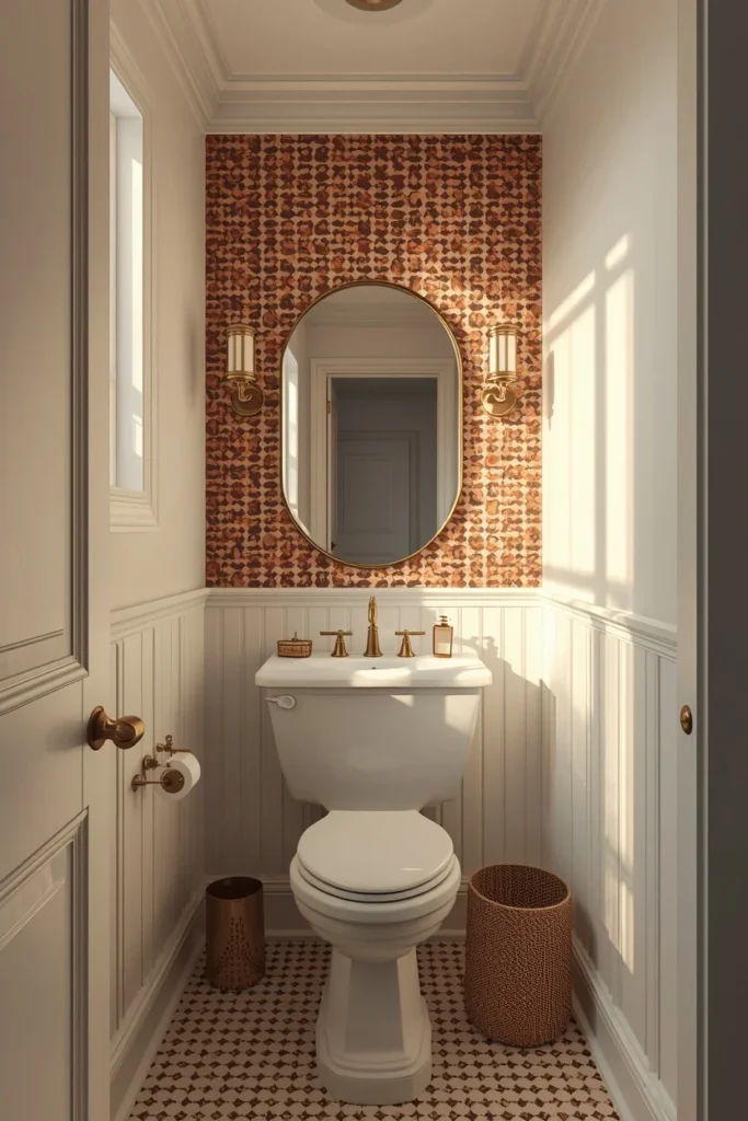 22 Bold Bathroom Wallpaper Ideas That Make Every Guest Say Wow 22 small powder room, featuring one bold patterned accent wall