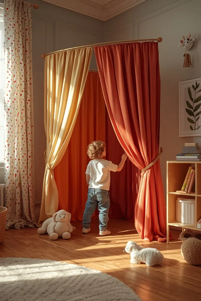 22 Genius Playroom Ideas That Kids Will Love & Parents Will Actually Appreciate 22 children's playroom, featuring a curtain stage corner