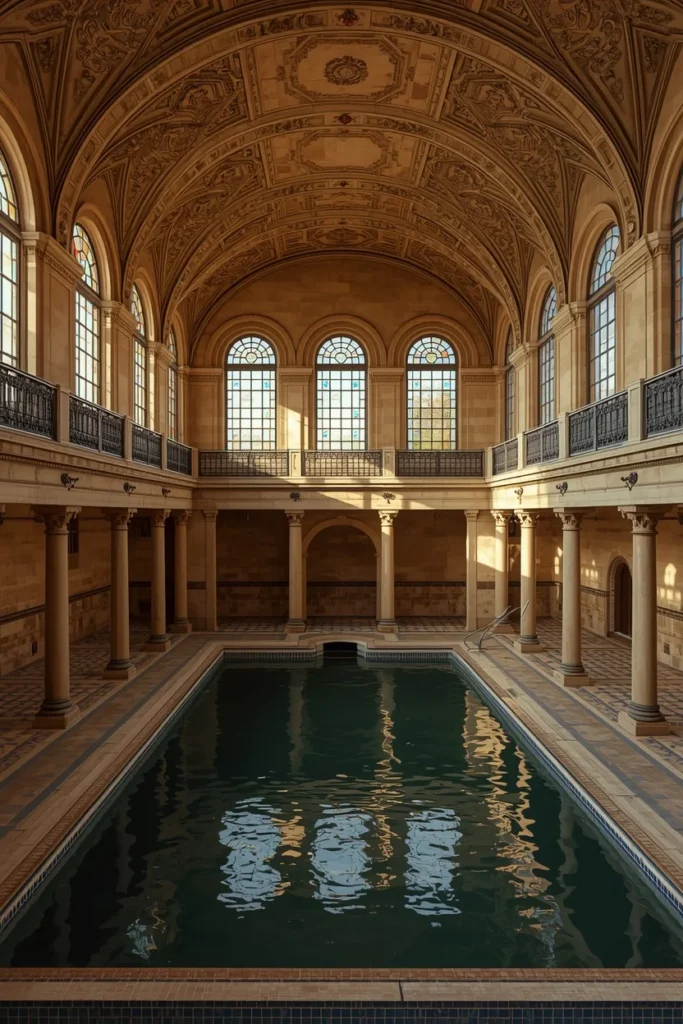 23 Modern Indoor Pool Designs That Are Pure Luxury Right Inside Your Home 22 heritage bathhouse revival indoor pool, grand high vaulted ceiling
