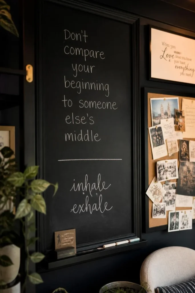 25 She Shed Interior Ideas That Create the Ultimate Personal Retreat 22 she shed interior, featuring a chalkboard-painted wall panel