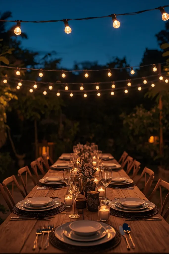 24 Summer Tablescape Ideas That Are Fresh, Colorful & Totally Stunning 22 outdoor summer table at dusk featuring warm white string lights