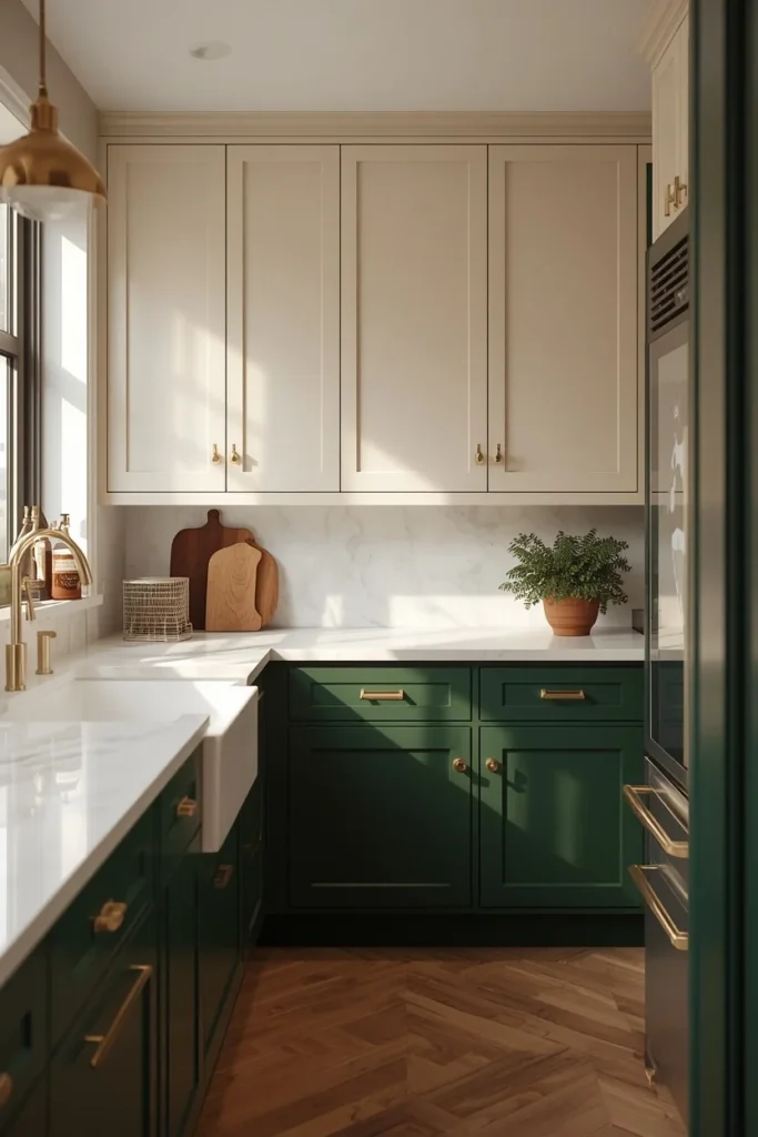 23 Two-Tone Kitchen Cabinet Combos That Look Insanely Expensive 22 kitchen, featuring cream upper cabinets and deep green lower cabinets