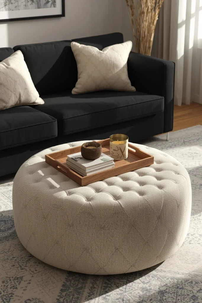 23 Black Sofa Living Room Ideas That Look Sleek, Bold & Super Expensive 23 living room, featuring a black sofa with a large round cream bouclé ottoman