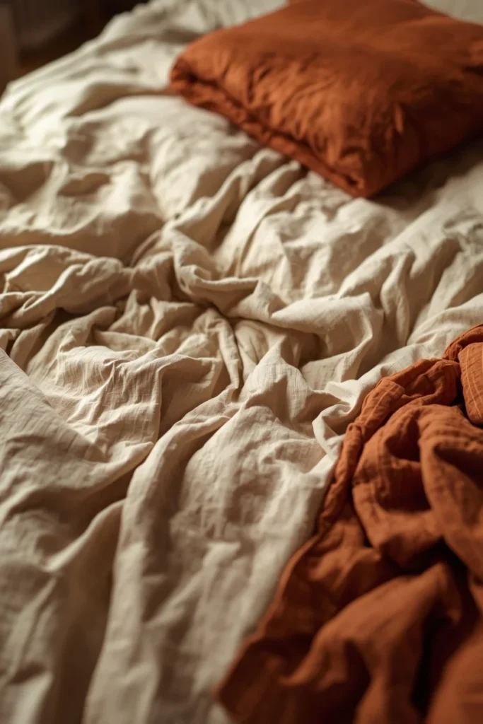 25 Boho Farmhouse Bedroom Ideas That Are Effortlessly Cozy & Beautiful 23 close-up bed shot, featuring wrinkled warm oatmeal linen bedding
