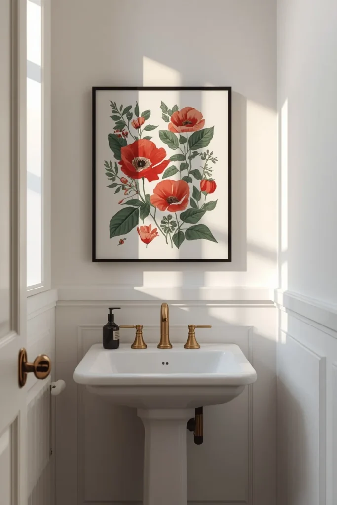 22 Bold Bathroom Wallpaper Ideas That Make Every Guest Say Wow 23 small bathroom, featuring a single sheet of bold botanical wallpaper