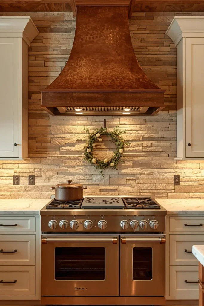 21 Country Kitchen Backsplash Ideas That Make Your Whole Kitchen Pop 22 Stacked Stone for a Rustic Fireplace-Kitchen Moment