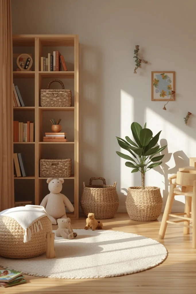 22 Genius Playroom Ideas That Kids Will Love & Parents Will Actually Appreciate 23 children's playroom, featuring natural wood shelving,