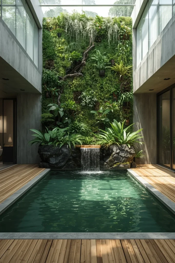 23 Modern Indoor Pool Designs That Are Pure Luxury Right Inside Your Home 23 biophilic indoor pool with vertical living wall,