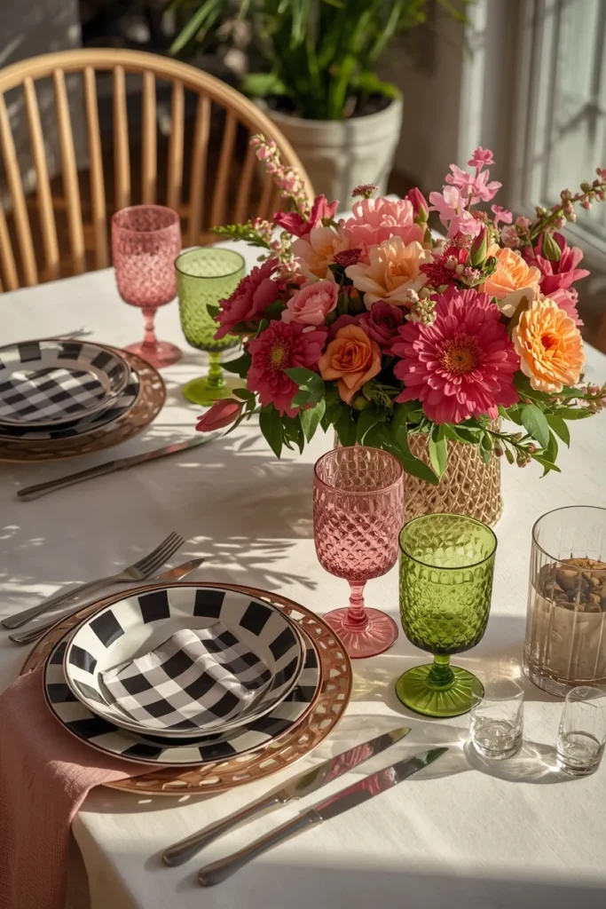 24 Summer Tablescape Ideas That Are Fresh, Colorful & Totally Stunning 23 summer dinner table featuring bold black and white checkered plates