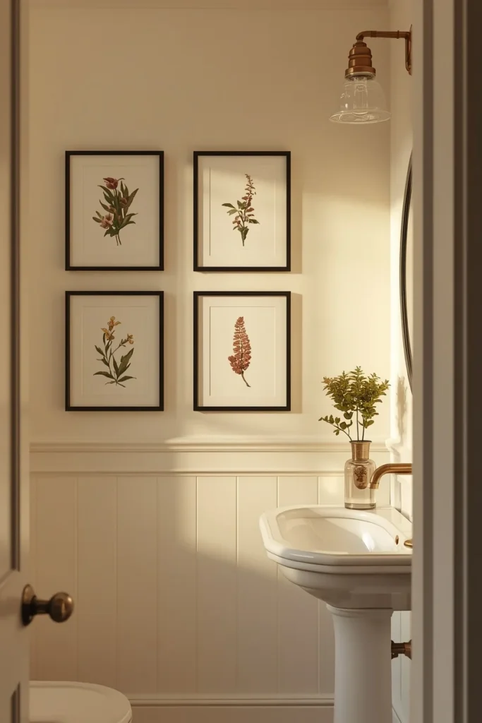 24 Tiny Powder Room Ideas That Make the Biggest Impression 23 small powder room, featuring a gallery wall of five small black-framed botanical prints