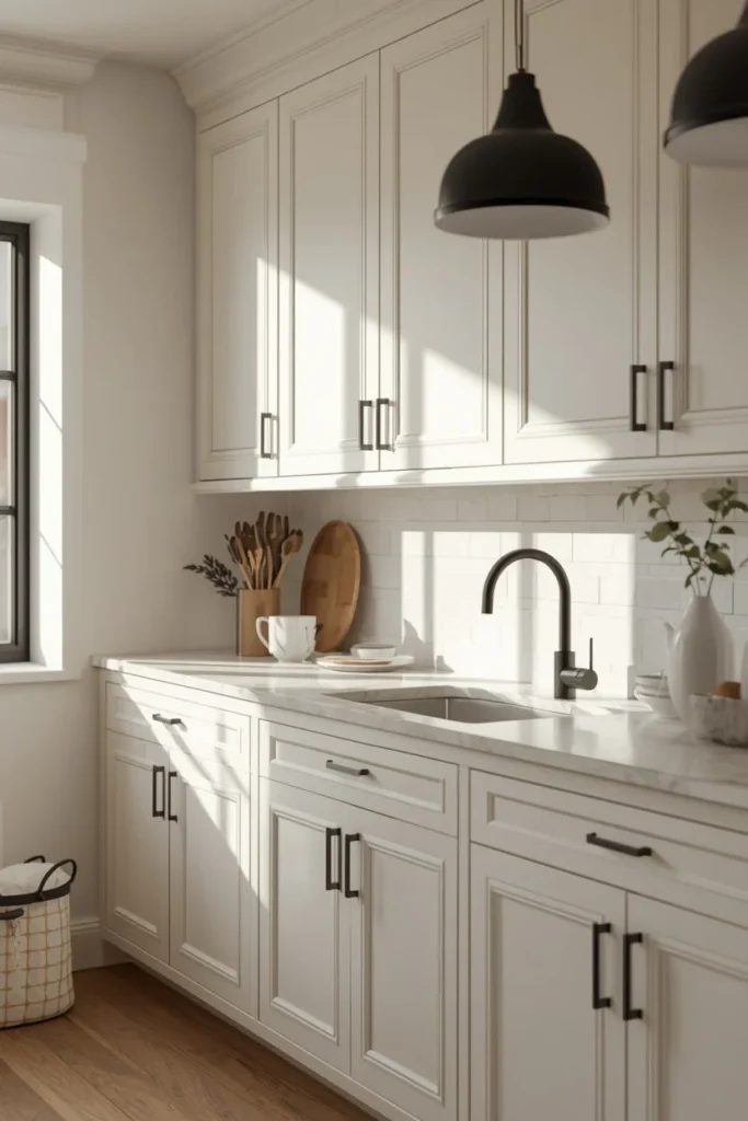 23 Two-Tone Kitchen Cabinet Combos That Look Insanely Expensive 23 kitchen, featuring warm white cabinetry throughout with soft matte black hardware