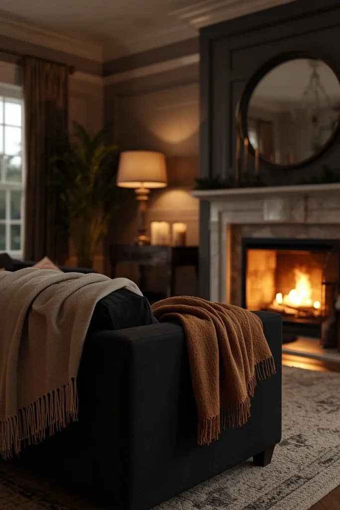 23 Black Sofa Living Room Ideas That Look Sleek, Bold & Super Expensive 24 living room, featuring a black sofa facing a lit fireplace,