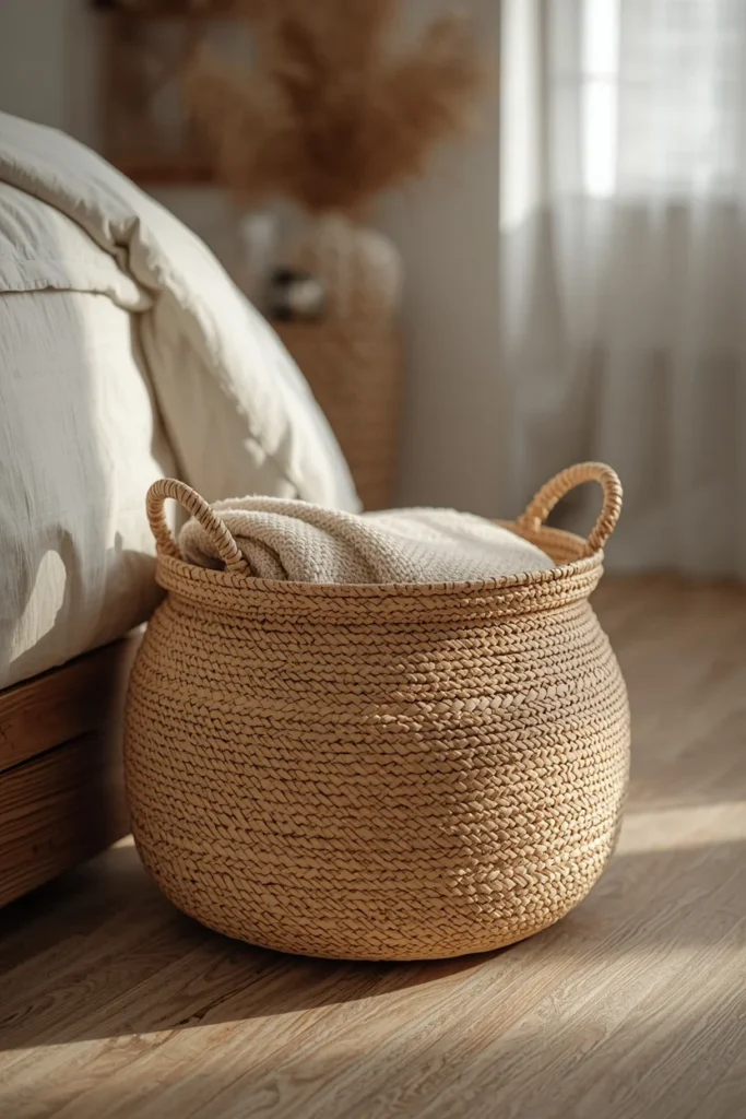 25 Boho Farmhouse Bedroom Ideas That Are Effortlessly Cozy & Beautiful 24 bedroom floor detail shot, featuring a large wide woven seagrass basket