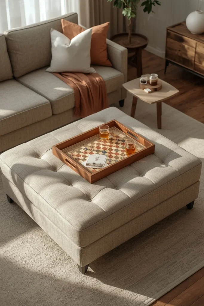 24 Family Room Ideas That Are Stylish Enough for Adults, Fun for Kids 24 family room, featuring a large upholstered ottoman in durable neutral fabric