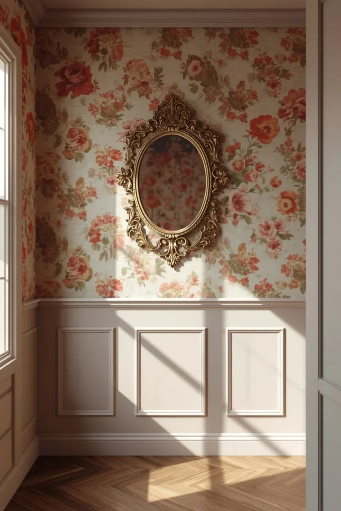 25 She Shed Interior Ideas That Create the Ultimate Personal Retreat 24 she shed interior, featuring one wall covered in bold vintage floral wallpaper