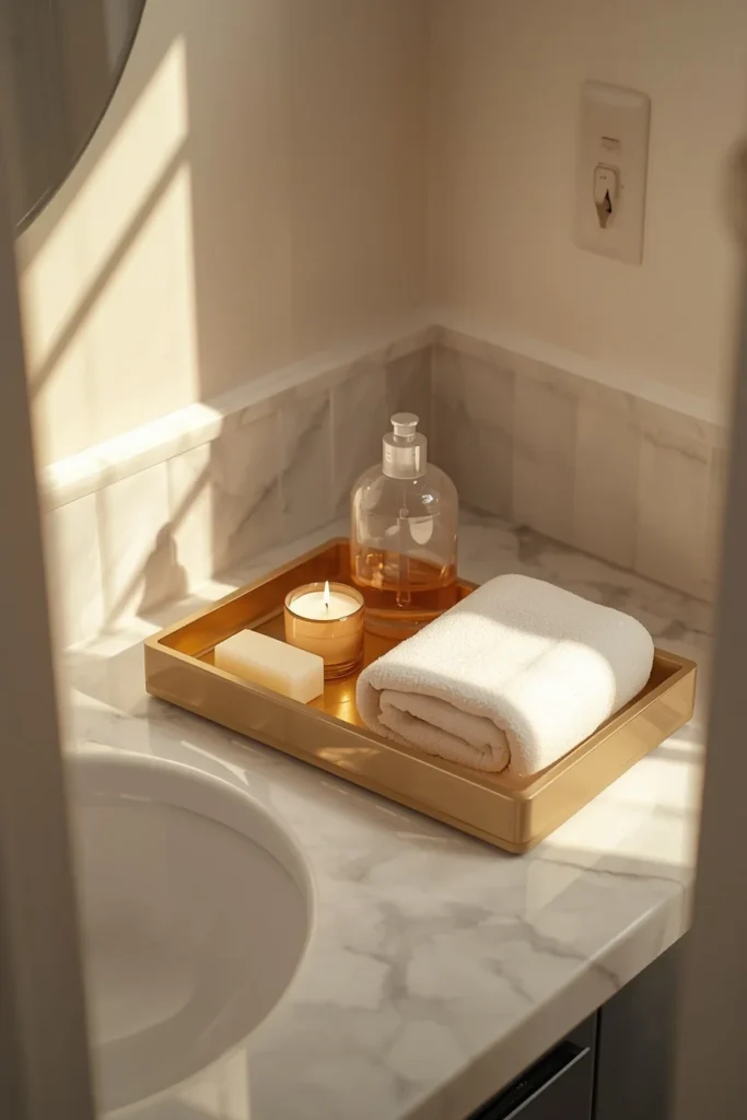 24 Tiny Powder Room Ideas That Make the Biggest Impression 24 small powder room, featuring a brass vanity tray holding a bar of soap,