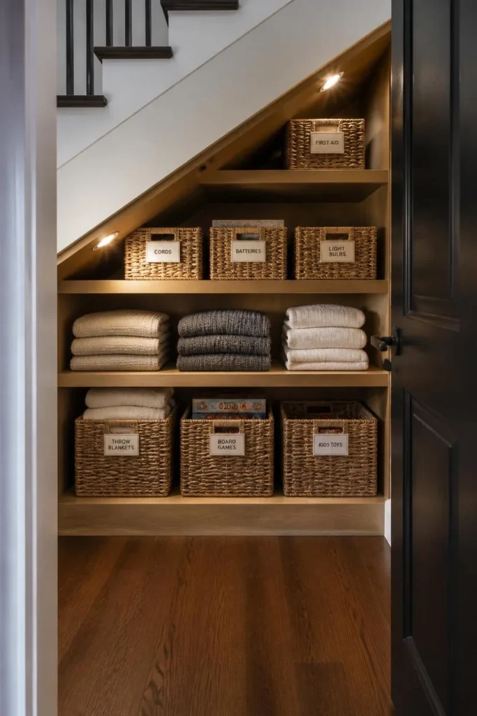 24 Basement Ideas That Transform the Most Overlooked Space Into Your Favorite Room 17 Turn the Under-Stair Triangle Into Real Storage