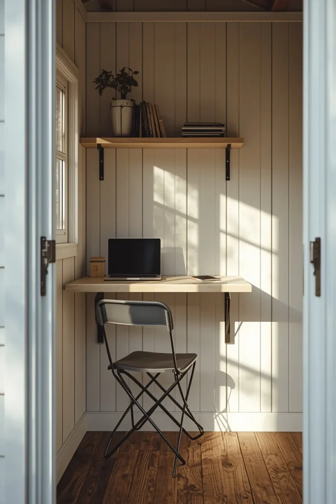 25 She Shed Interior Ideas That Create the Ultimate Personal Retreat 25 small she shed interior, featuring a wall-mounted fold-down desk