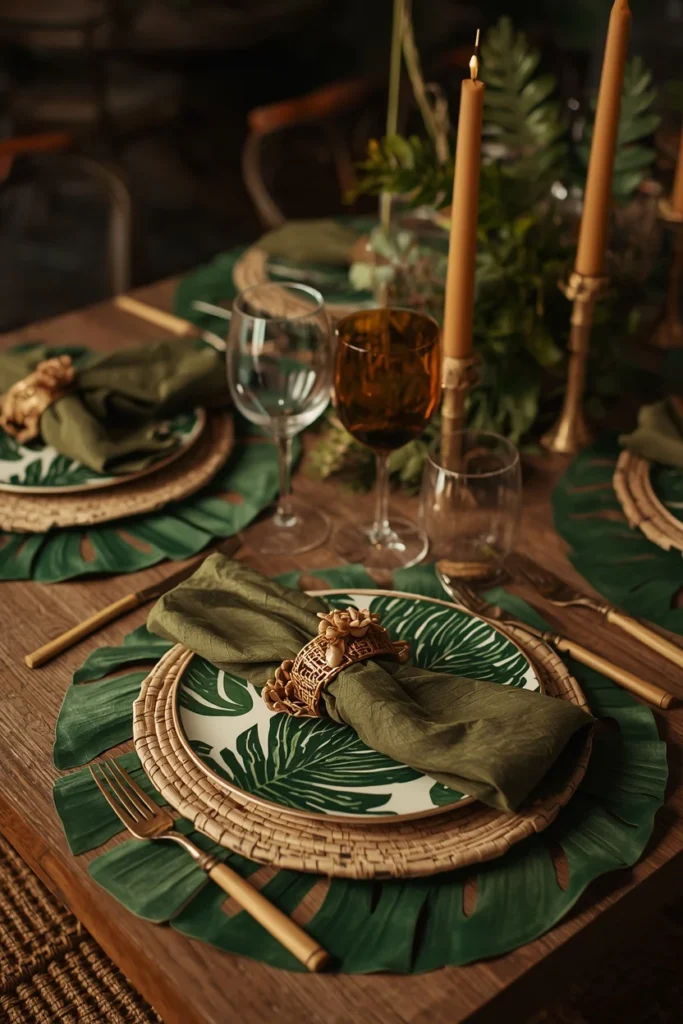 24 Summer Tablescape Ideas That Are Fresh, Colorful & Totally Stunning 25 tropical-themed summer table featuring large monstera leaf placemats