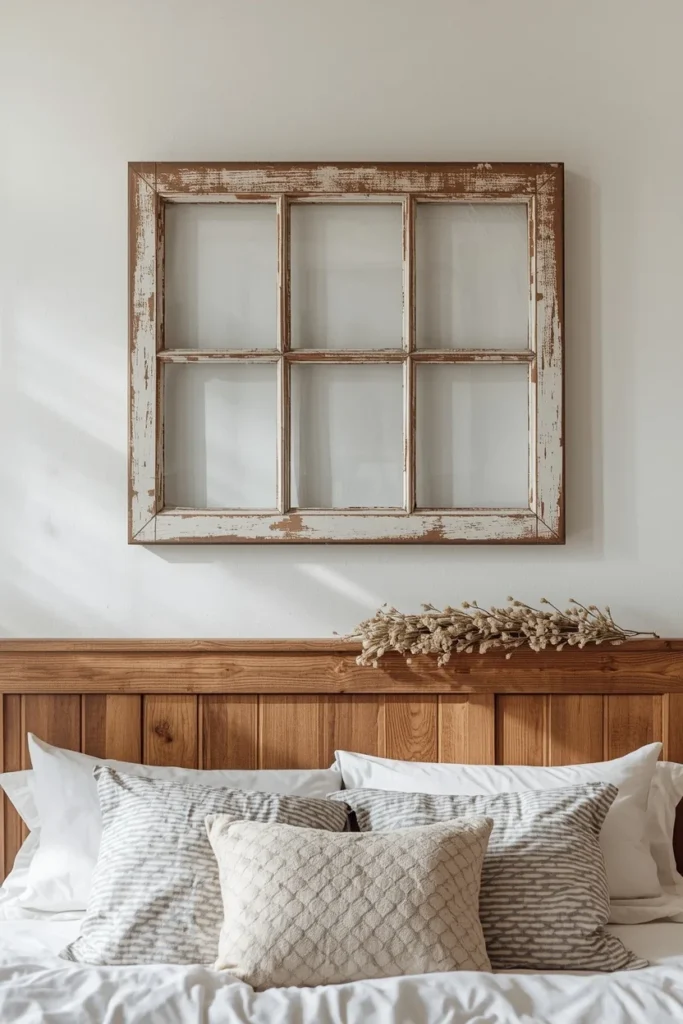 25 Boho Farmhouse Bedroom Ideas That Are Effortlessly Cozy & Beautiful 26 bedroom wall shot, featuring a weathered reclaimed window frame