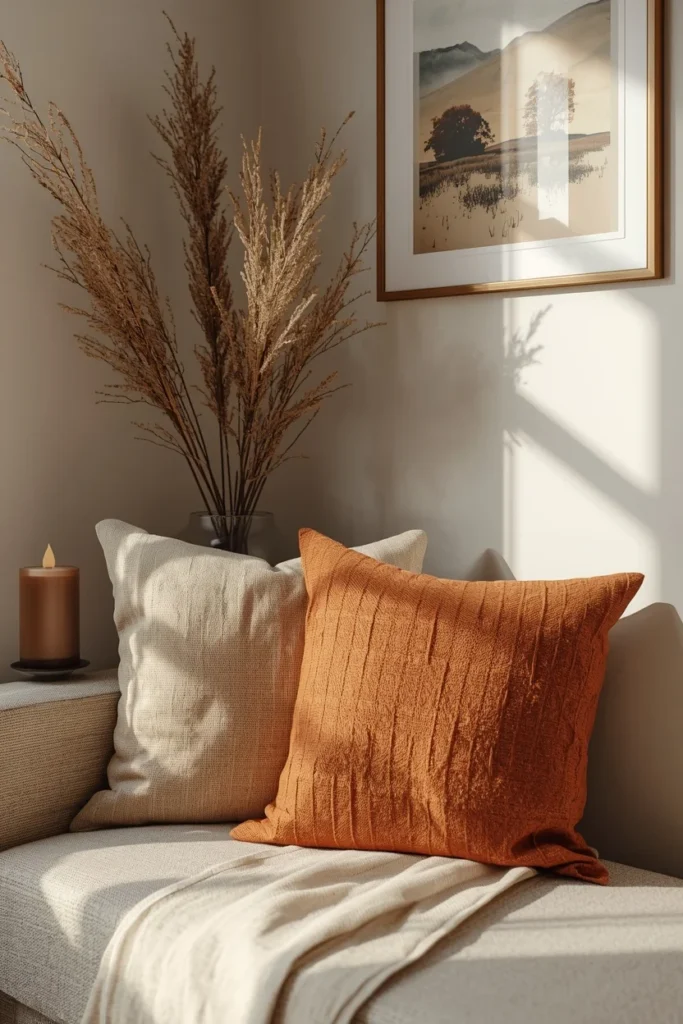 25 She Shed Interior Ideas That Create the Ultimate Personal Retreat 26 she shed interior styling vignette, featuring seasonal throw pillow covers