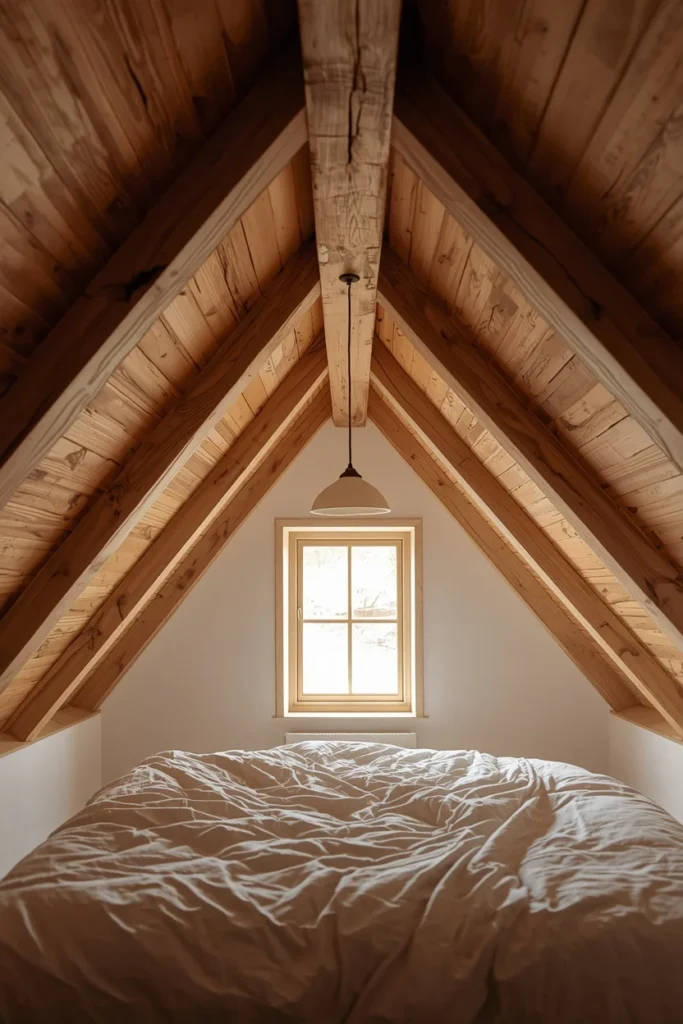 19 Attic Bedroom Ideas That Turn Forgotten Space Into a Dreamy Hideaway 4 attic bedroom shot, featuring natural exposed wood ceiling beams