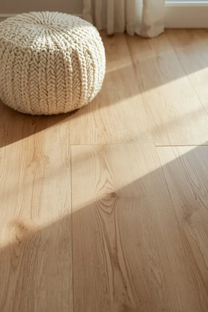 24 Basement Ideas That Transform the Most Overlooked Space Into Your Favorite Room 5 basement flooring close-up, featuring light oak-toned luxury vinyl plank flooring