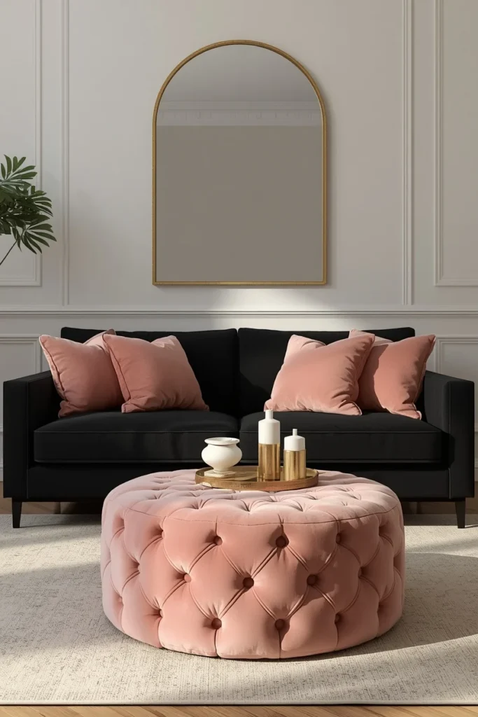 23 Black Sofa Living Room Ideas That Look Sleek, Bold & Super Expensive 4 living room, featuring a black sofa with blush pink velvet throw pillows