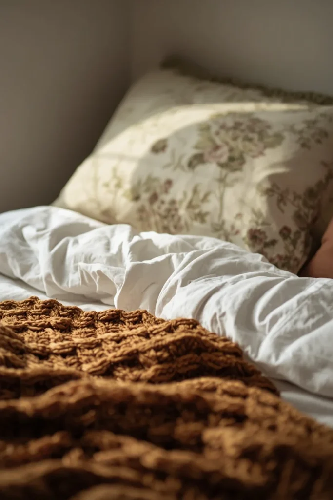 25 Boho Farmhouse Bedroom Ideas That Are Effortlessly Cozy & Beautiful 4 close-up styling vignette of a bed, featuring layered cream linen sheets,