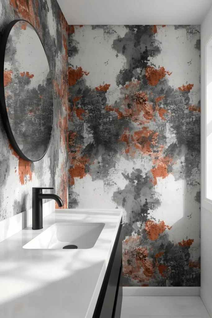 22 Bold Bathroom Wallpaper Ideas That Make Every Guest Say Wow 4 modern bathroom, featuring abstract ink-wash wallpaper in charcoal