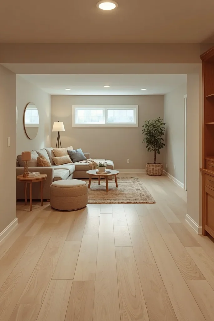 18 Cozy Basement Ideas That Transform Dead Space Into a Family Favorite Room 4 Warm, Light-Reflective Flooring — Solving Cold and Dark at Once