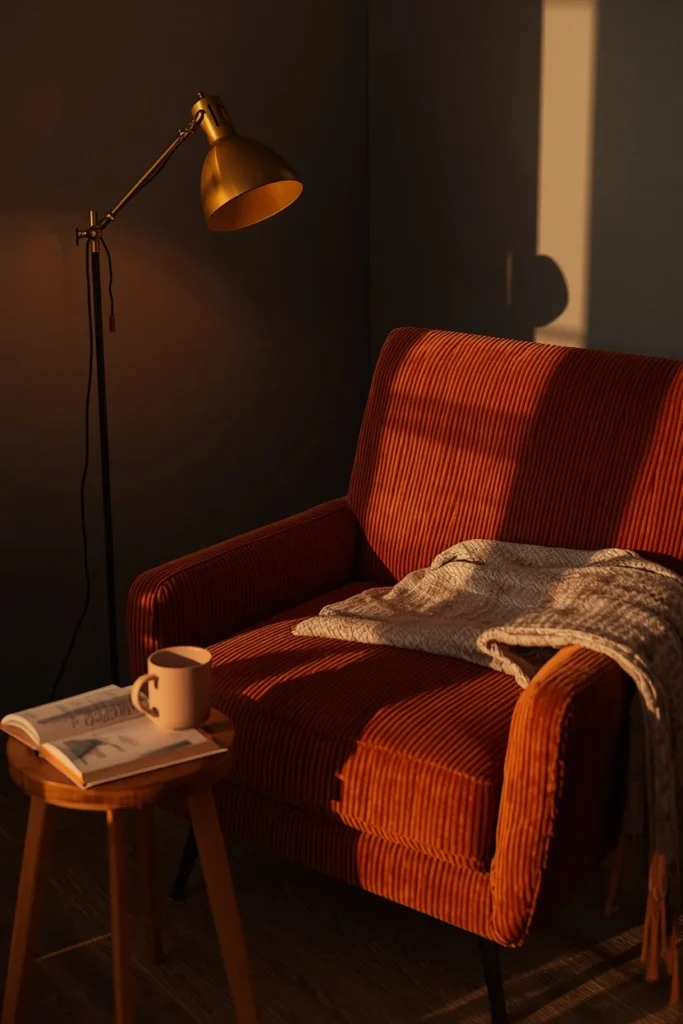 17 Cozy Study Space Ideas That Make Focusing Feel Effortless & Enjoyable 4 reading corner, featuring a corduroy lounge chair in warm terracotta tone