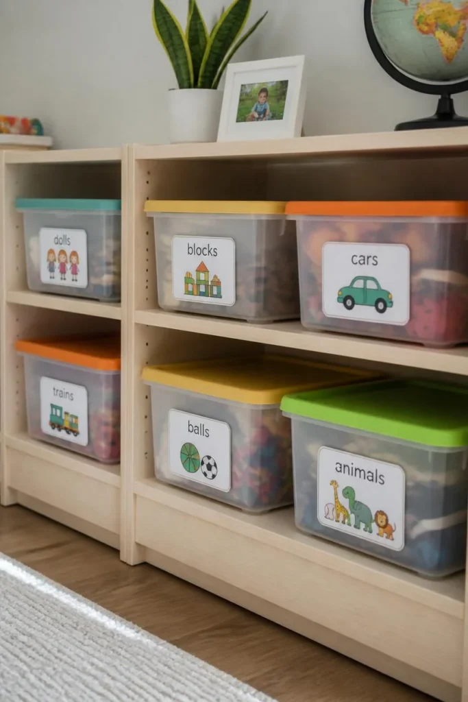22 Genius Playroom Ideas That Kids Will Love & Parents Will Actually Appreciate 4 children's playroom, featuring a row of storage bins