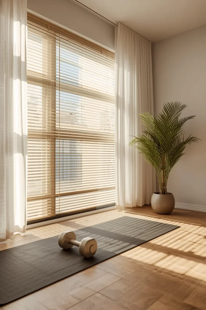18 Home Gym Ideas That Make Working Out at Home Feel Seriously Motivating 4 home gym, featuring a workout zone positioned beside a large window