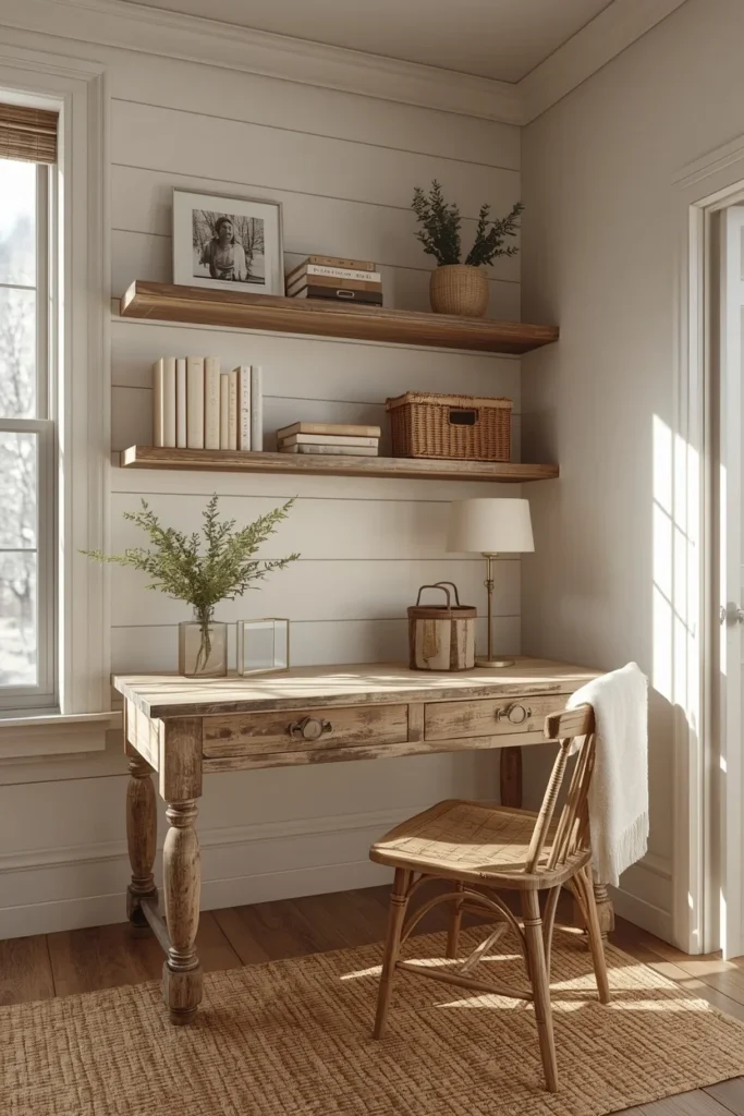 21 Home Office Aesthetic Ideas That Make Working From Home Actually Enjoyable 4 farmhouse home office, featuring a distressed reclaimed wood desk