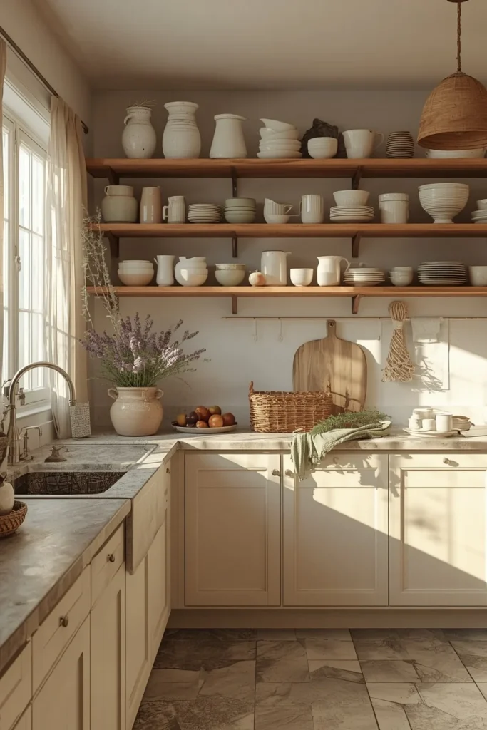 19 Kitchen Aesthetic Ideas So Good You'll Want to Renovate Tomorrow 4 cottagecore kitchen aesthetic, cream-painted slightly aged shaker cabinets