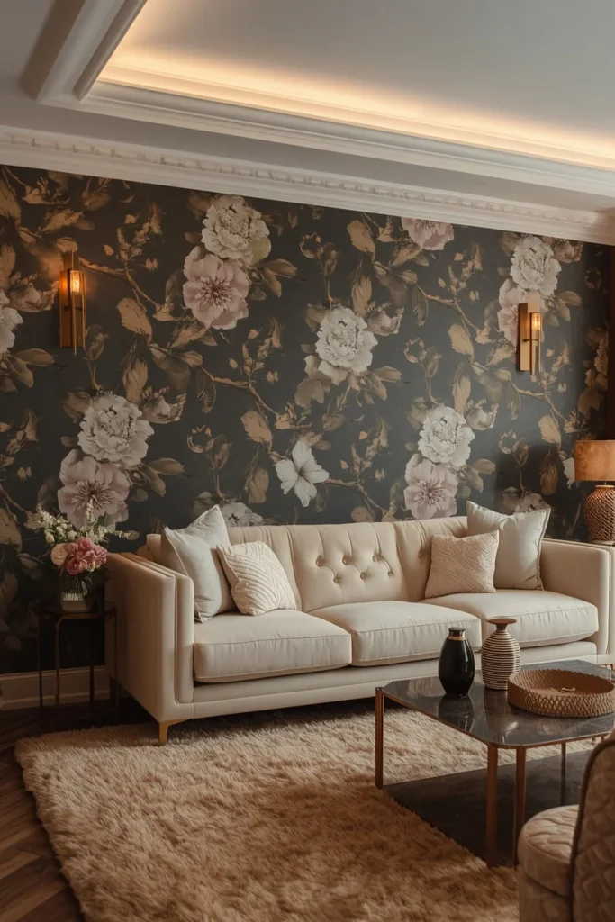 18 Living Room Wallpaper Ideas That Are Bold, Beautiful & Conversation-Starting 4 Moody Dark Floral — The Boutique Hotel Look at Home