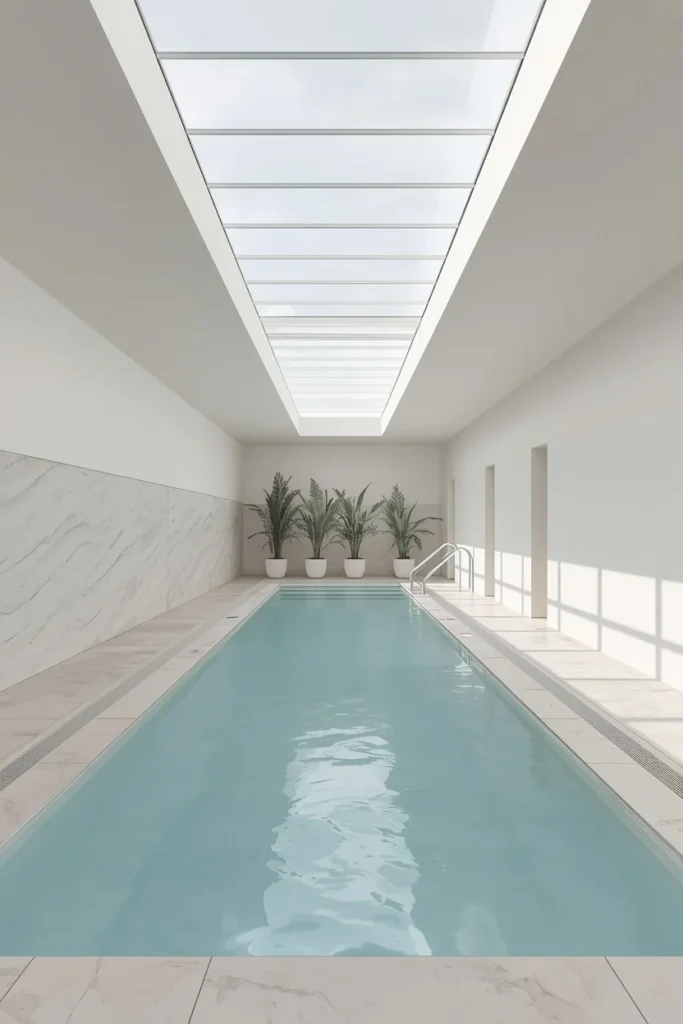 23 Modern Indoor Pool Designs That Are Pure Luxury Right Inside Your Home 4 indoor lap pool, long narrow 15-meter rectangular design