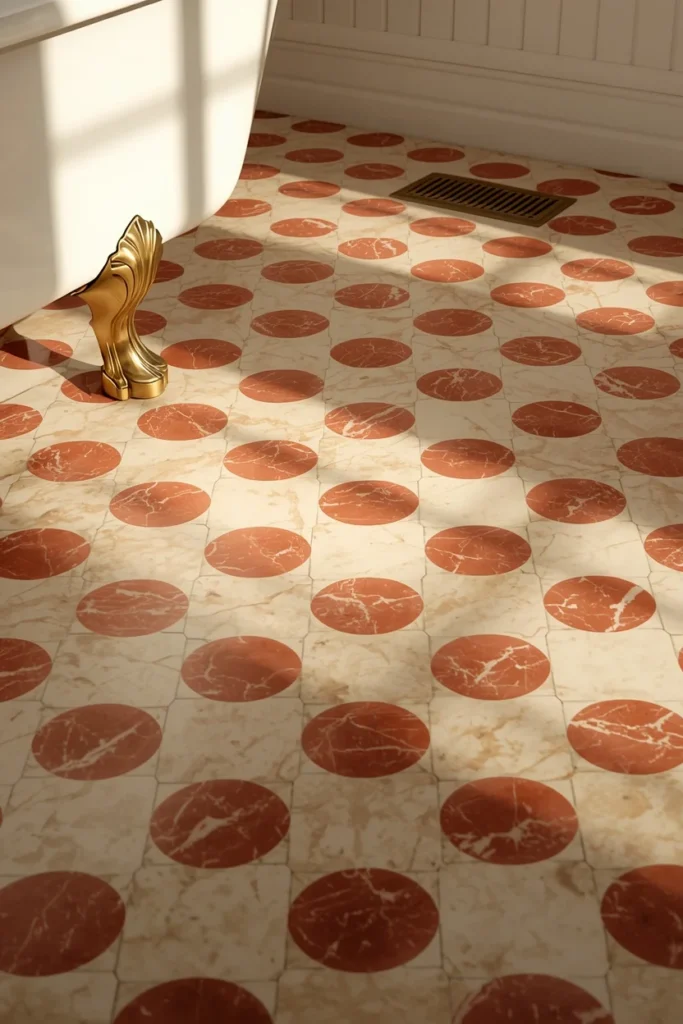 17 Red Marble Bathroom Ideas That Scream Luxury From Every Angle 4 bathroom floor detail, featuring a large-format red and cream marble checkerboard