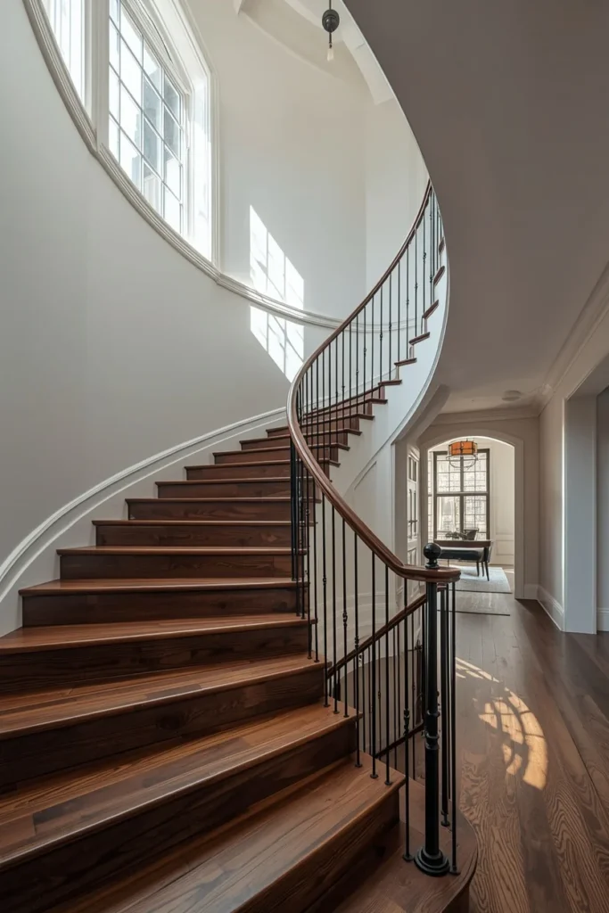 18 Staircase Ideas That Turn a Functional Feature Into a Stunning Design Statement 4 curved staircase, featuring dark stained wood treads,