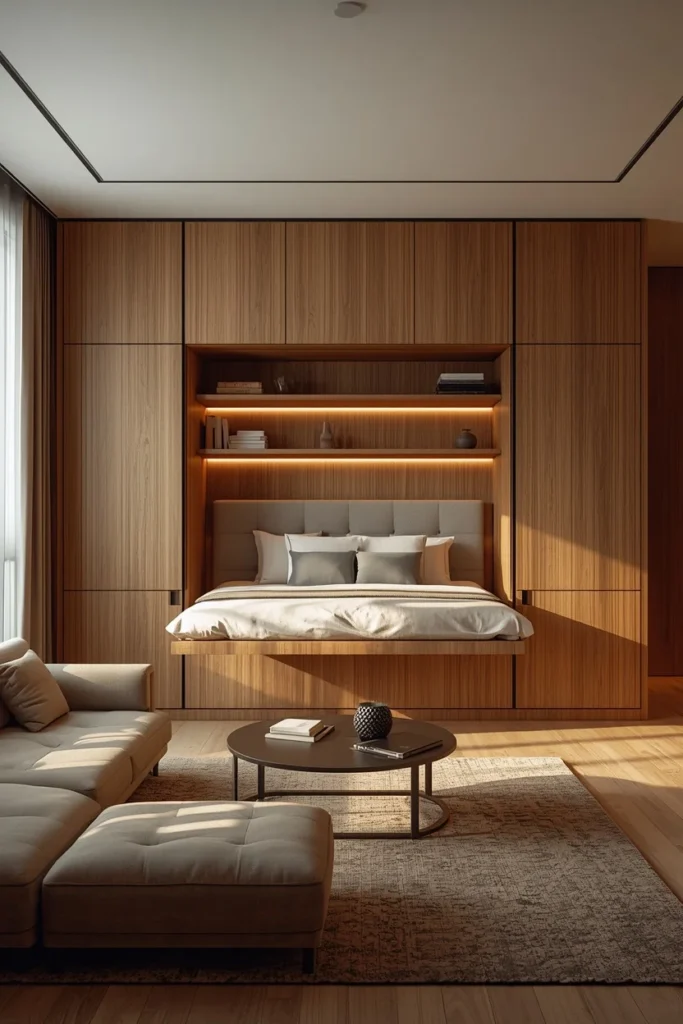 20 Studio Apartment Ideas That Make One Room Feel Like a Whole Beautiful Home 4 studio apartment living room, featuring a wall bed folded up