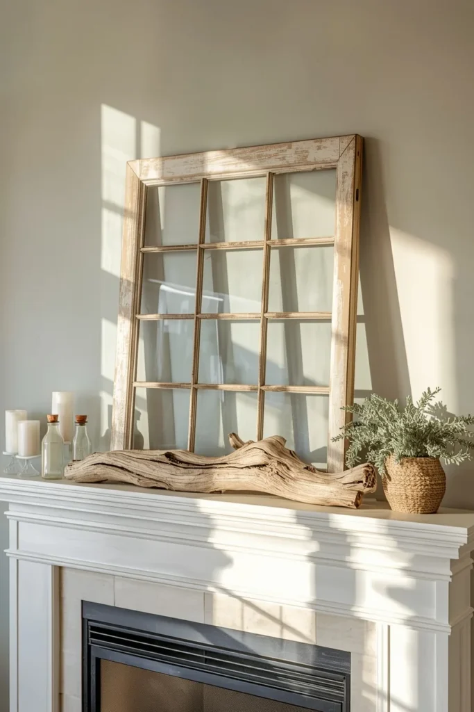 20 Summer Mantel Ideas That Bring Breezy Seasonal Charm Into Your Home 4 fireplace mantel, featuring a weathered vintage window frame