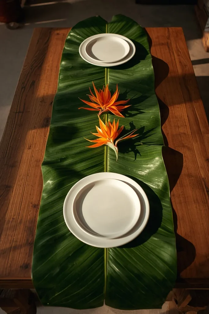 24 Summer Tablescape Ideas That Are Fresh, Colorful & Totally Stunning 4 table setting featuring large glossy green palm leaves