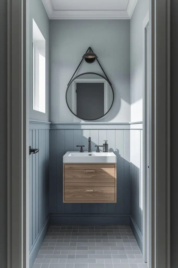 24 Tiny Powder Room Ideas That Make the Biggest Impression 4 small powder room, featuring a soft blue-gray monochromatic color scheme
